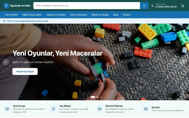 Oyuncak ve Hobi Mağazası için Market Petrol Mavi – Oyuncak ve Hobi Mağazası E-ticaret Sitesi ana sayfa görünümü