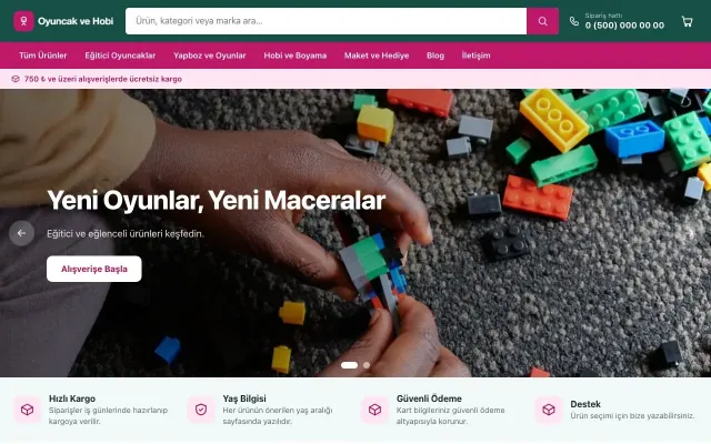 Oyuncak ve Hobi Mağazası için Market Petrol Pembe – Oyuncak ve Hobi Mağazası E-ticaret Sitesi ana sayfa görünümü