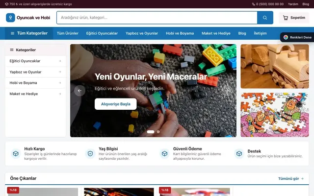 Oyuncak ve Hobi Mağazası için Pazar Yeri Bordo Mavi – Oyuncak ve Hobi Mağazası E-ticaret Sitesi ana sayfa görünümü