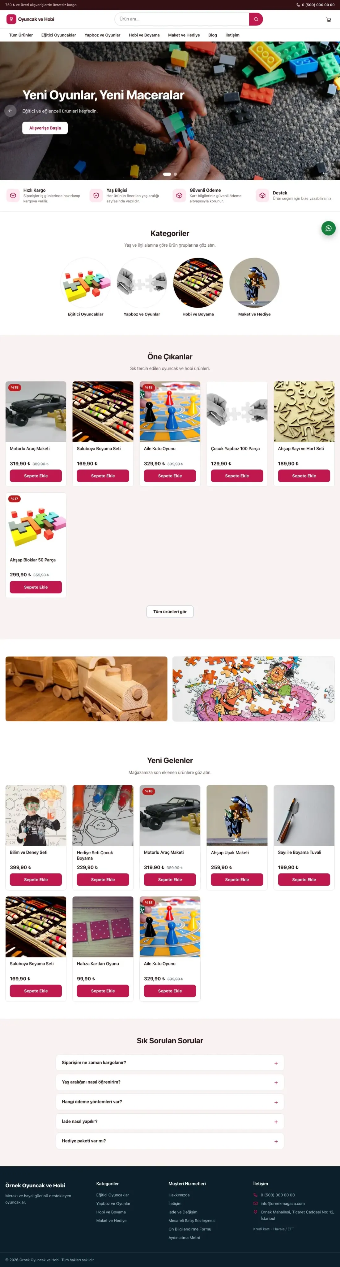 Oyuncak ve Hobi Mağazası için Vitrin Bordo Pembe – Oyuncak ve Hobi Mağazası E-ticaret Sitesi ana sayfa görünümü