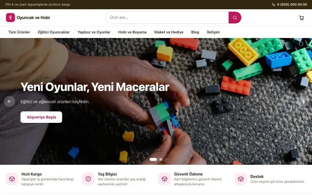 Oyuncak ve Hobi Mağazası için Vitrin Kahve Pembe – Oyuncak ve Hobi Mağazası E-ticaret Sitesi ana sayfa görünümü