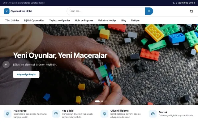 Oyuncak ve Hobi Mağazası için Vitrin Lacivert Mavi – Oyuncak ve Hobi Mağazası E-ticaret Sitesi ana sayfa görünümü