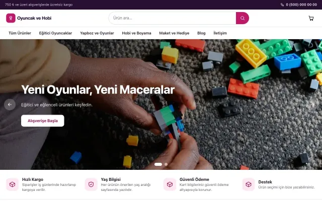 Oyuncak ve Hobi Mağazası için Vitrin Mor Pembe – Oyuncak ve Hobi Mağazası E-ticaret Sitesi ana sayfa görünümü