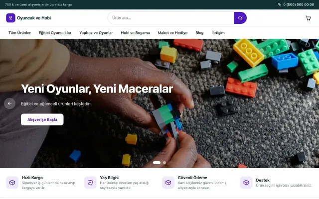 Oyuncak ve Hobi Mağazası için Vitrin Petrol Mor – Oyuncak ve Hobi Mağazası E-ticaret Sitesi ana sayfa görünümü