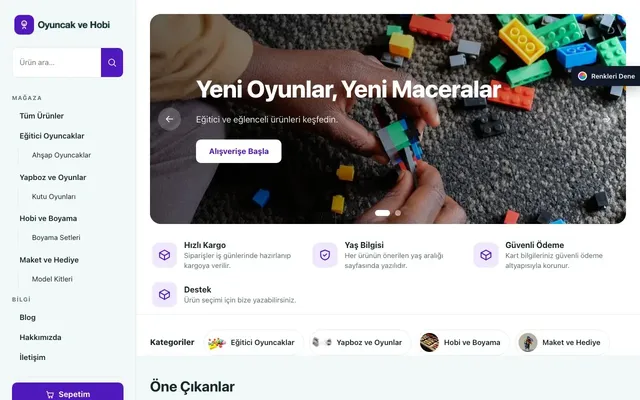 Oyuncak ve Hobi Mağazası için Yan Menü Petrol Mor – Oyuncak ve Hobi Mağazası E-ticaret Sitesi ana sayfa görünümü