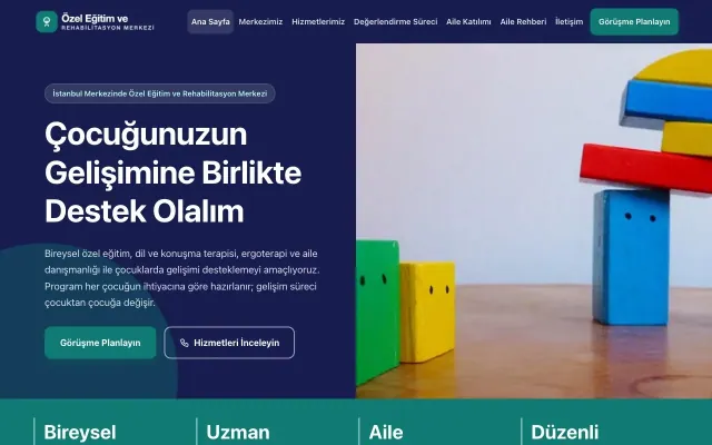 Özel Eğitim ve Rehabilitasyon Merkezi için Blok Lacivert Turkuaz – Özel Eğitim ve Rehabilitasyon Merkezi Web Sitesi ana sayfa görünümü