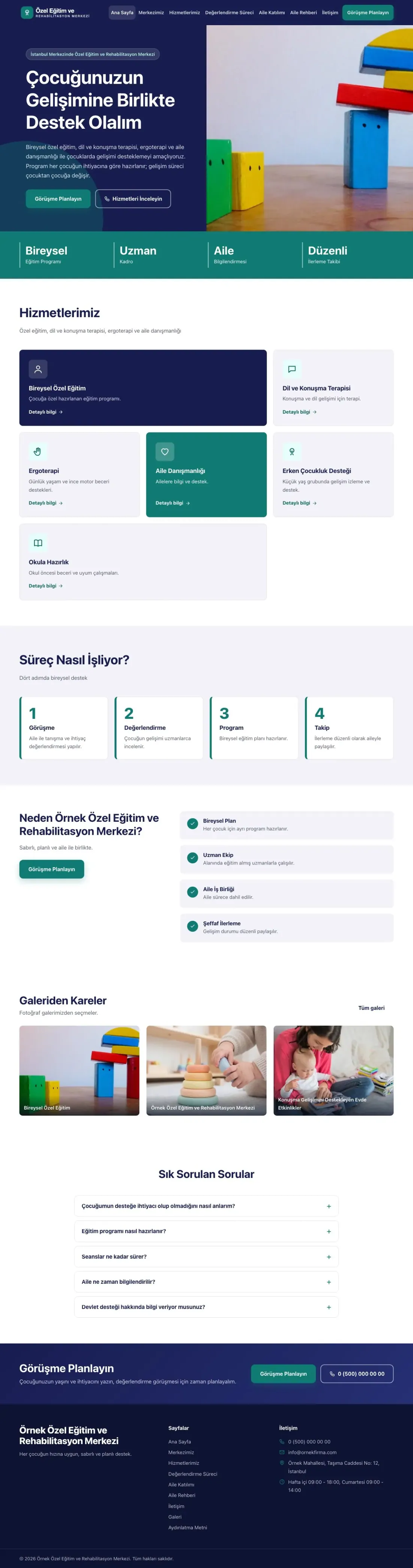 Özel Eğitim ve Rehabilitasyon Merkezi için Blok Lacivert Turkuaz – Özel Eğitim ve Rehabilitasyon Merkezi Web Sitesi ana sayfa görünümü