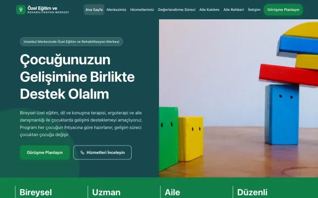 Özel Eğitim ve Rehabilitasyon Merkezi için Blok Petrol Yeşil – Özel Eğitim ve Rehabilitasyon Merkezi Web Sitesi ana sayfa görünümü