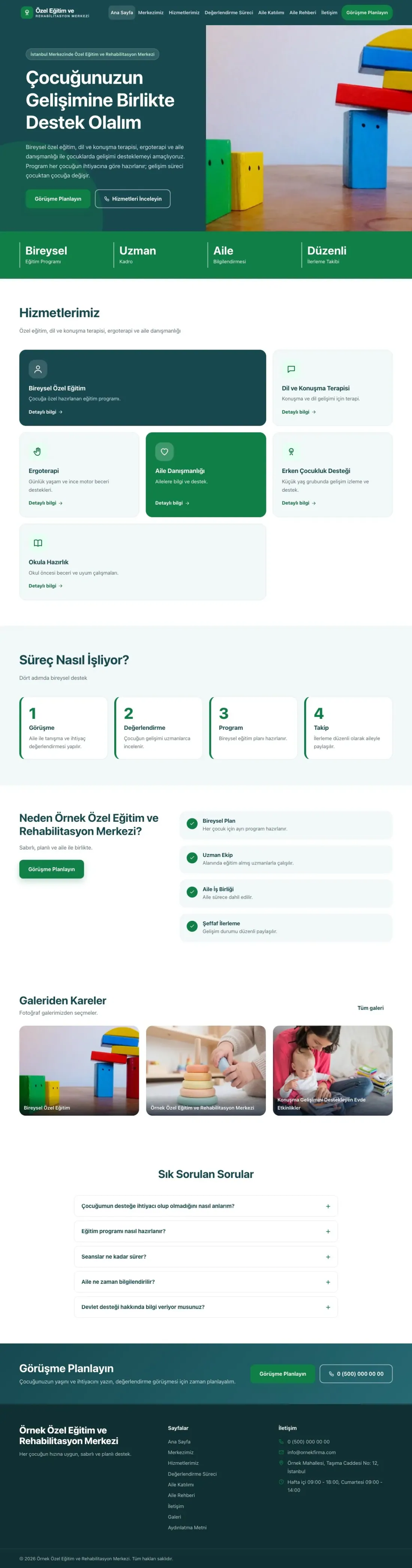 Özel Eğitim ve Rehabilitasyon Merkezi için Blok Petrol Yeşil – Özel Eğitim ve Rehabilitasyon Merkezi Web Sitesi ana sayfa görünümü