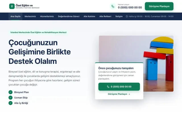 Özel Eğitim ve Rehabilitasyon Merkezi için Bölünmüş Mavi Turkuaz II – Özel Eğitim ve Rehabilitasyon Merkezi Web Sitesi ana sayfa görünümü