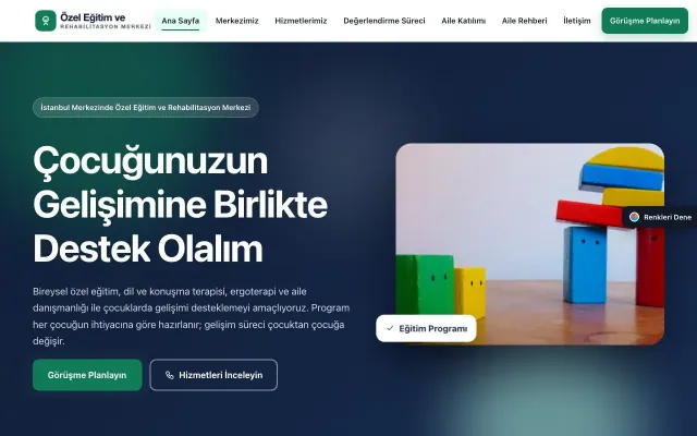 Özel Eğitim ve Rehabilitasyon Merkezi için Hareketli Mavi Turkuaz – Özel Eğitim ve Rehabilitasyon Merkezi Web Sitesi ana sayfa görünümü