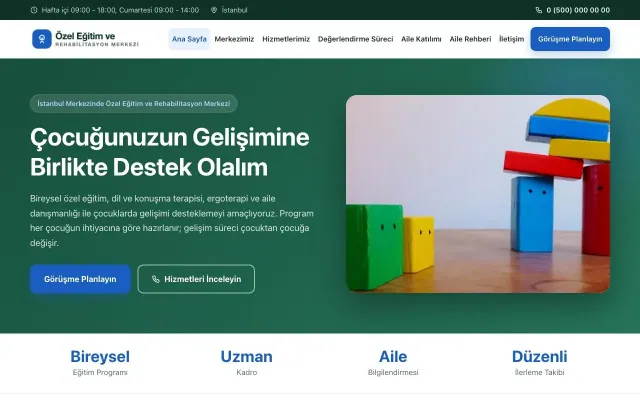 Özel Eğitim ve Rehabilitasyon Merkezi için Klasik Petrol Mavi – Özel Eğitim ve Rehabilitasyon Merkezi Web Sitesi ana sayfa görünümü