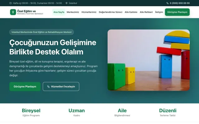 Özel Eğitim ve Rehabilitasyon Merkezi için Klasik Petrol Yeşil – Özel Eğitim ve Rehabilitasyon Merkezi Web Sitesi ana sayfa görünümü