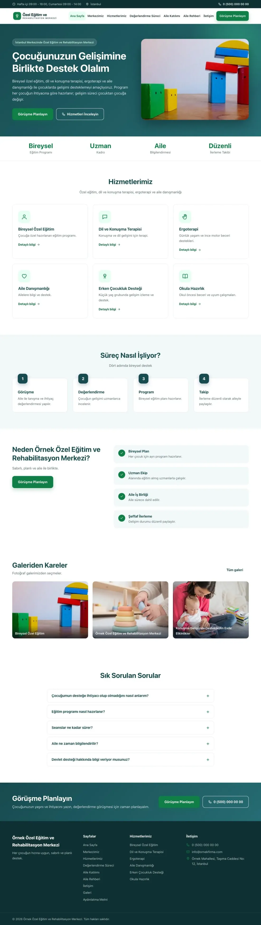 Özel Eğitim ve Rehabilitasyon Merkezi için Klasik Petrol Yeşil – Özel Eğitim ve Rehabilitasyon Merkezi Web Sitesi ana sayfa görünümü