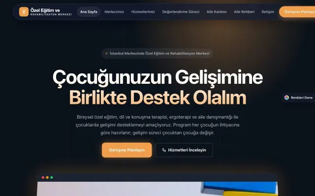 Özel Eğitim ve Rehabilitasyon Merkezi için Koyu Modern Mavi Turuncu – Özel Eğitim ve Rehabilitasyon Merkezi Web Sitesi ana sayfa görünümü