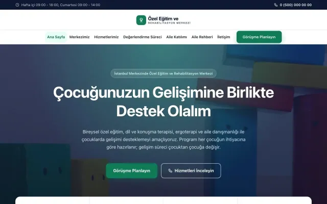 Özel Eğitim ve Rehabilitasyon Merkezi için Merkez Lacivert Turkuaz – Özel Eğitim ve Rehabilitasyon Merkezi Web Sitesi ana sayfa görünümü