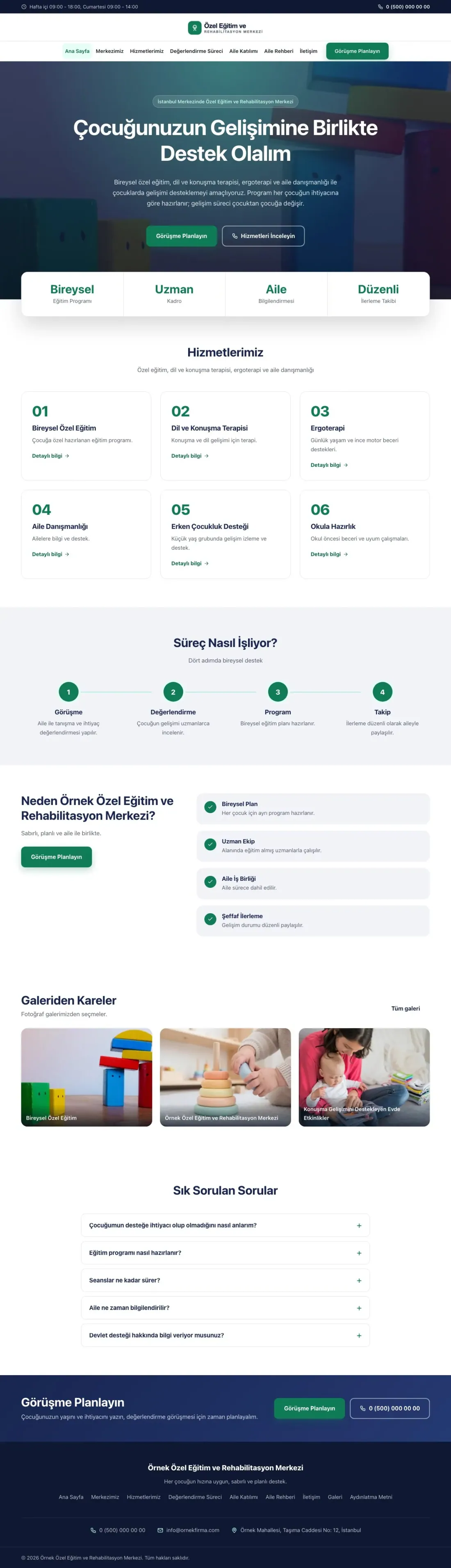 Özel Eğitim ve Rehabilitasyon Merkezi için Merkez Lacivert Turkuaz – Özel Eğitim ve Rehabilitasyon Merkezi Web Sitesi ana sayfa görünümü
