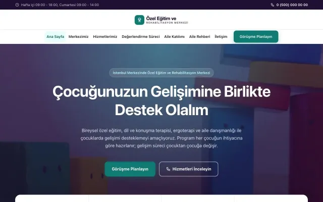 Özel Eğitim ve Rehabilitasyon Merkezi için Merkez Mor Turkuaz – Özel Eğitim ve Rehabilitasyon Merkezi Web Sitesi ana sayfa görünümü