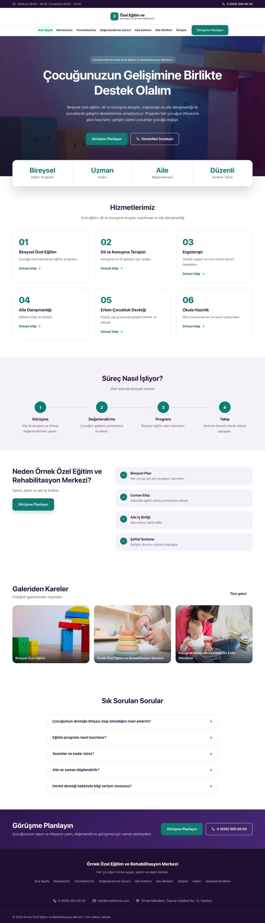 Özel Eğitim ve Rehabilitasyon Merkezi için Merkez Mor Turkuaz – Özel Eğitim ve Rehabilitasyon Merkezi Web Sitesi ana sayfa görünümü