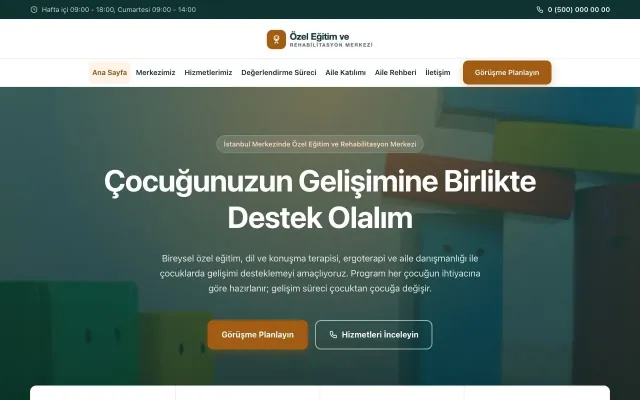 Özel Eğitim ve Rehabilitasyon Merkezi için Merkez Petrol Turuncu – Özel Eğitim ve Rehabilitasyon Merkezi Web Sitesi ana sayfa görünümü