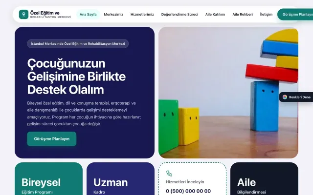 Özel Eğitim ve Rehabilitasyon Merkezi için Mozaik Lacivert Turkuaz – Özel Eğitim ve Rehabilitasyon Merkezi Web Sitesi ana sayfa görünümü