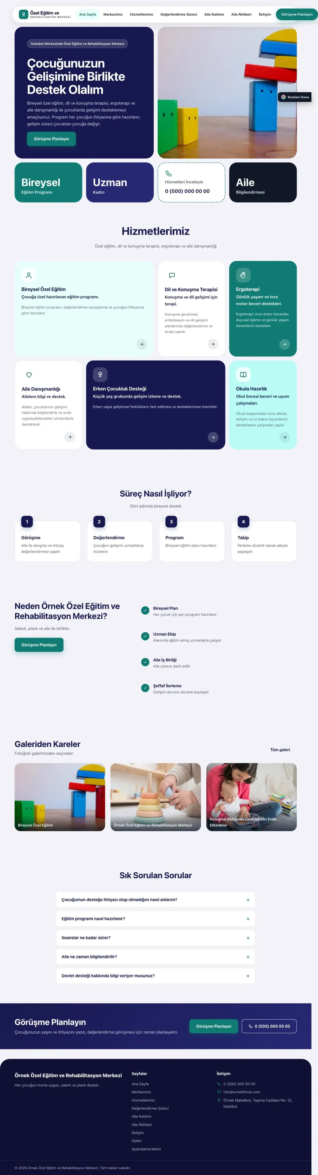 Özel Eğitim ve Rehabilitasyon Merkezi için Mozaik Lacivert Turkuaz – Özel Eğitim ve Rehabilitasyon Merkezi Web Sitesi ana sayfa görünümü