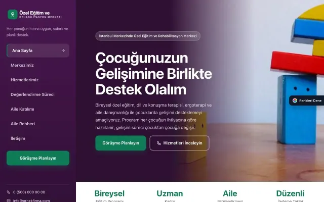 Özel Eğitim ve Rehabilitasyon Merkezi için Sol Menü Mor Turkuaz – Özel Eğitim ve Rehabilitasyon Merkezi Web Sitesi ana sayfa görünümü
