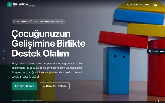 Özel Eğitim ve Rehabilitasyon Merkezi için Tam Ekran Lacivert Turkuaz – Özel Eğitim ve Rehabilitasyon Merkezi Web Sitesi ana sayfa görünümü