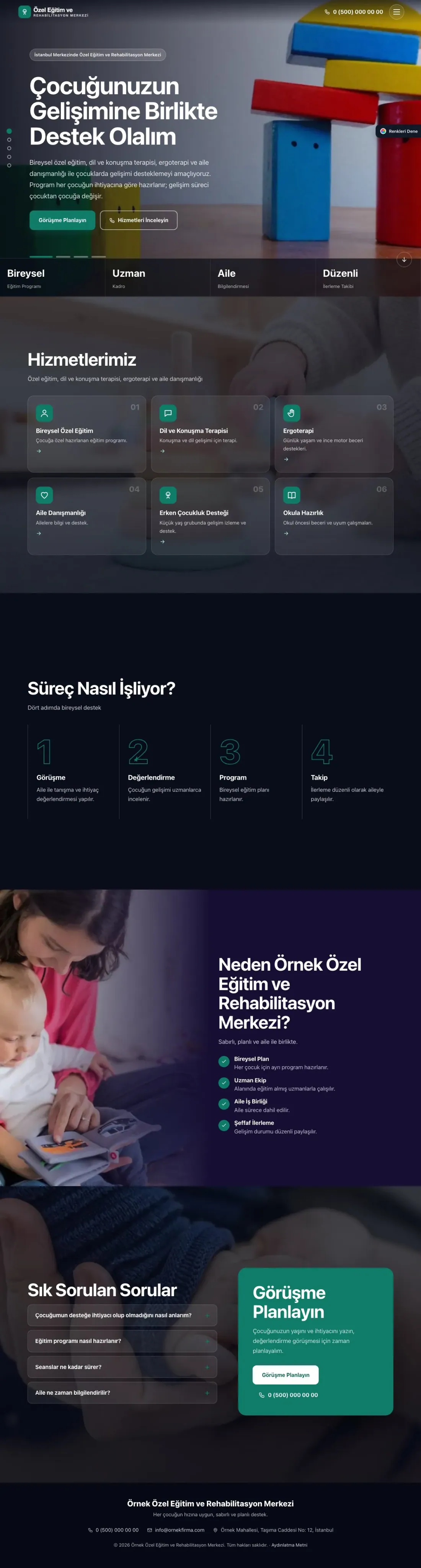 Özel Eğitim ve Rehabilitasyon Merkezi için Tam Ekran Lacivert Turkuaz – Özel Eğitim ve Rehabilitasyon Merkezi Web Sitesi ana sayfa görünümü