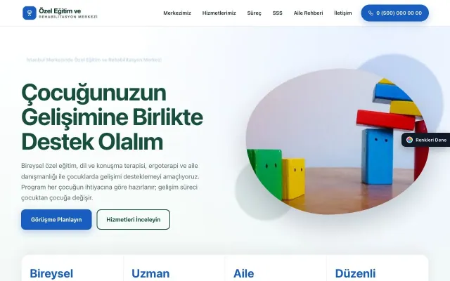 Özel Eğitim ve Rehabilitasyon Merkezi için Tek Sayfa Petrol Mavi – Özel Eğitim ve Rehabilitasyon Merkezi Web Sitesi ana sayfa görünümü