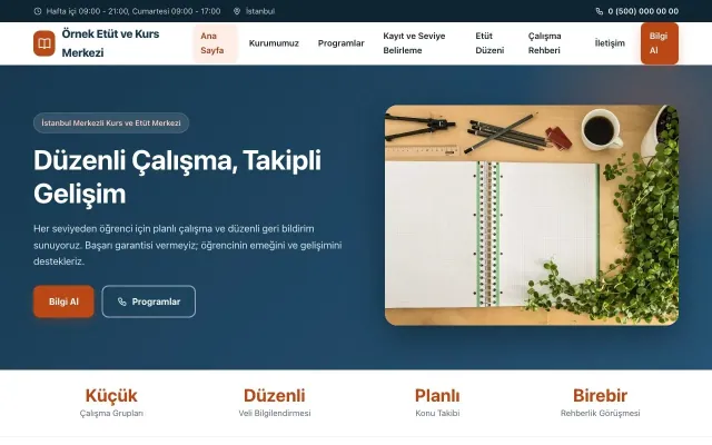 Özel Kurs ve Dershane için Klasik Mavi Turuncu – Özel Kurs ve Dershane Web Sitesi ana sayfa görünümü