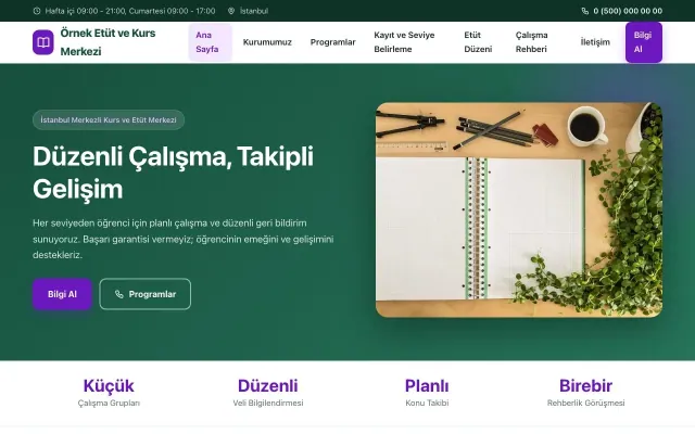 Özel Kurs ve Dershane için Klasik Petrol Mor – Özel Kurs ve Dershane Web Sitesi ana sayfa görünümü