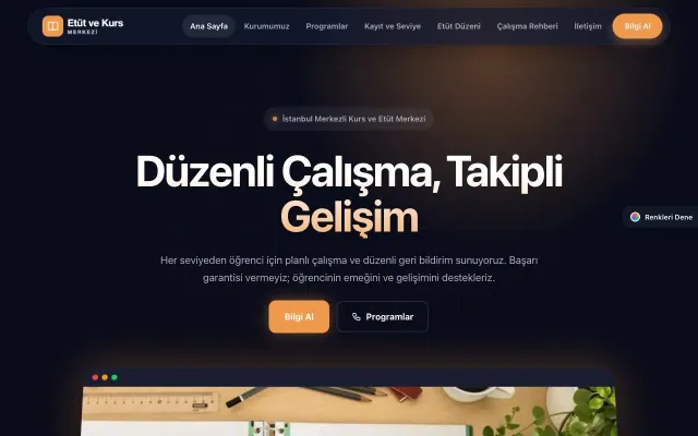 Özel Kurs ve Dershane için Koyu Modern Lacivert Turuncu – Özel Kurs ve Dershane Web Sitesi ana sayfa görünümü