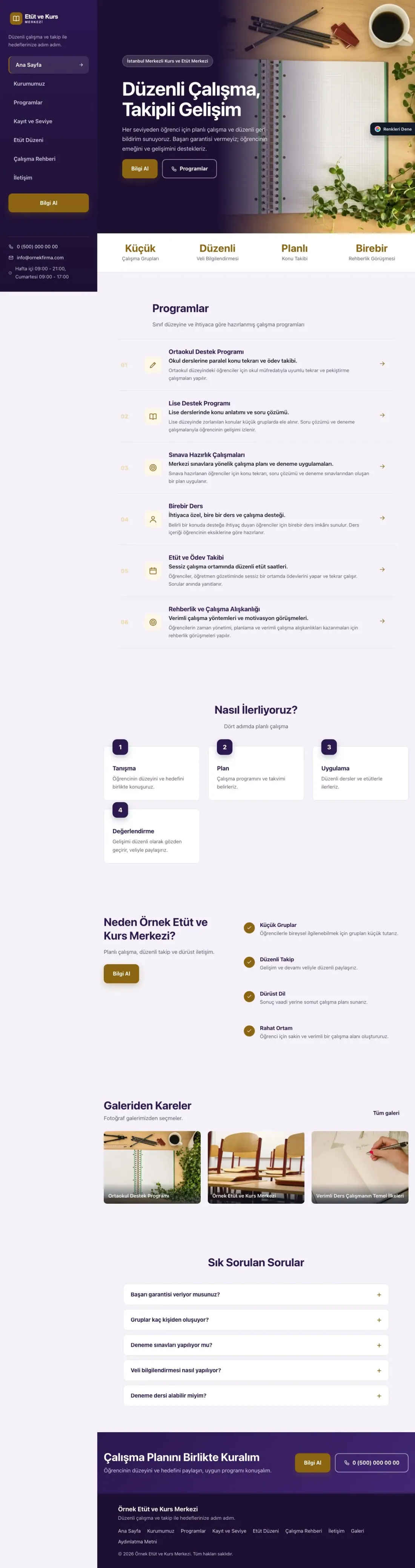 Özel Kurs ve Dershane için Sol Menü Mor Amber – Özel Kurs ve Dershane Web Sitesi ana sayfa görünümü