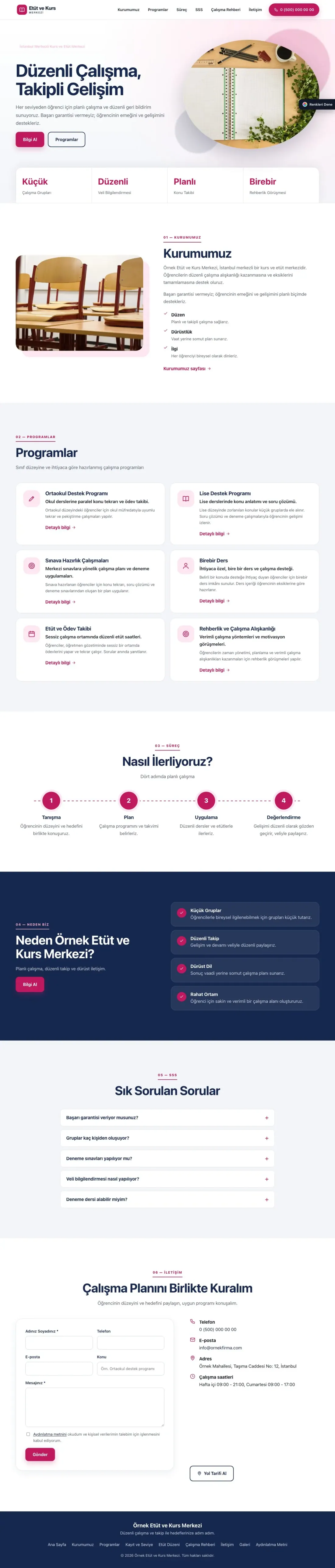 Özel Kurs ve Dershane için Tek Sayfa Mavi Pembe – Özel Kurs ve Dershane Web Sitesi ana sayfa görünümü