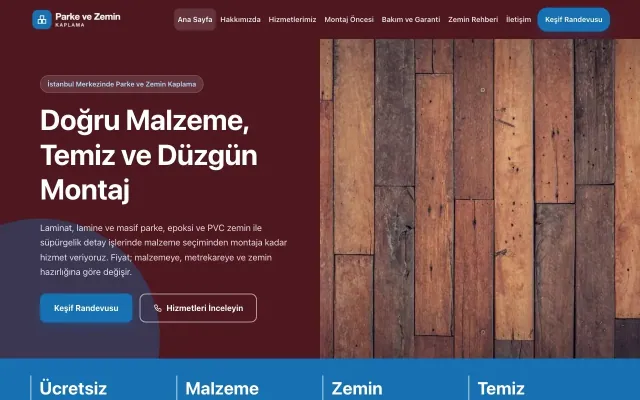 Parke ve Zemin Kaplama için Blok Bordo Mavi – Parke ve Zemin Kaplama Web Sitesi ana sayfa görünümü