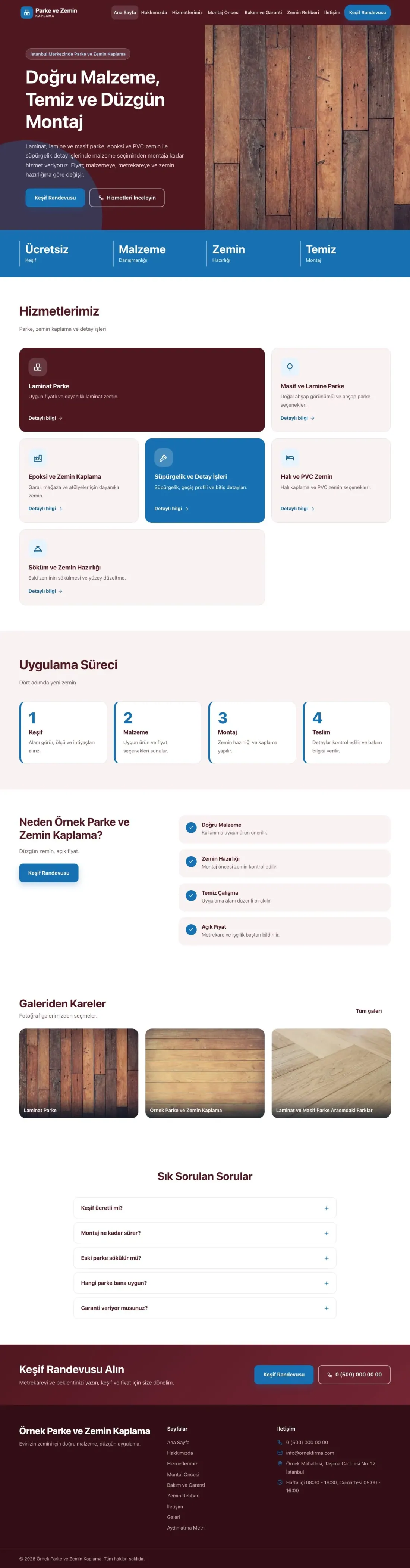 Parke ve Zemin Kaplama için Blok Bordo Mavi – Parke ve Zemin Kaplama Web Sitesi ana sayfa görünümü