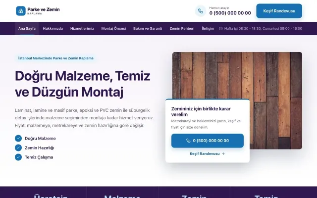 Parke ve Zemin Kaplama için Bölünmüş Mor Mavi – Parke ve Zemin Kaplama Web Sitesi ana sayfa görünümü