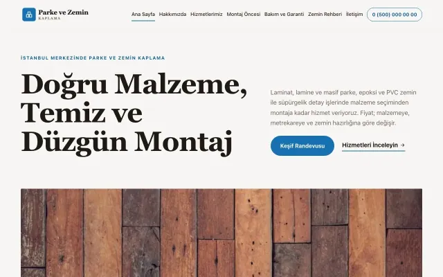 Parke ve Zemin Kaplama için Dergi Editoryal Kahve Mavi – Parke ve Zemin Kaplama Web Sitesi ana sayfa görünümü