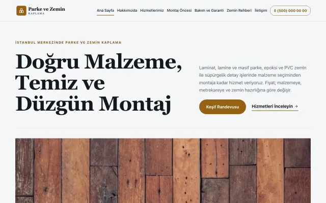 Parke ve Zemin Kaplama için Dergi Editoryal Mavi Turuncu – Parke ve Zemin Kaplama Web Sitesi ana sayfa görünümü
