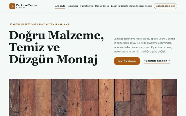 Parke ve Zemin Kaplama için Dergi Editoryal Petrol Turuncu – Parke ve Zemin Kaplama Web Sitesi ana sayfa görünümü