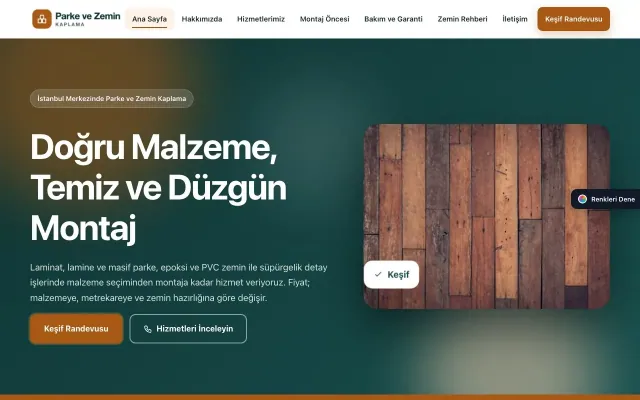 Parke ve Zemin Kaplama için Hareketli Petrol Turuncu – Parke ve Zemin Kaplama Web Sitesi ana sayfa görünümü