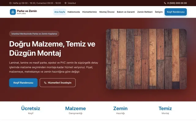 Parke ve Zemin Kaplama için Klasik Bordo Mavi – Parke ve Zemin Kaplama Web Sitesi ana sayfa görünümü