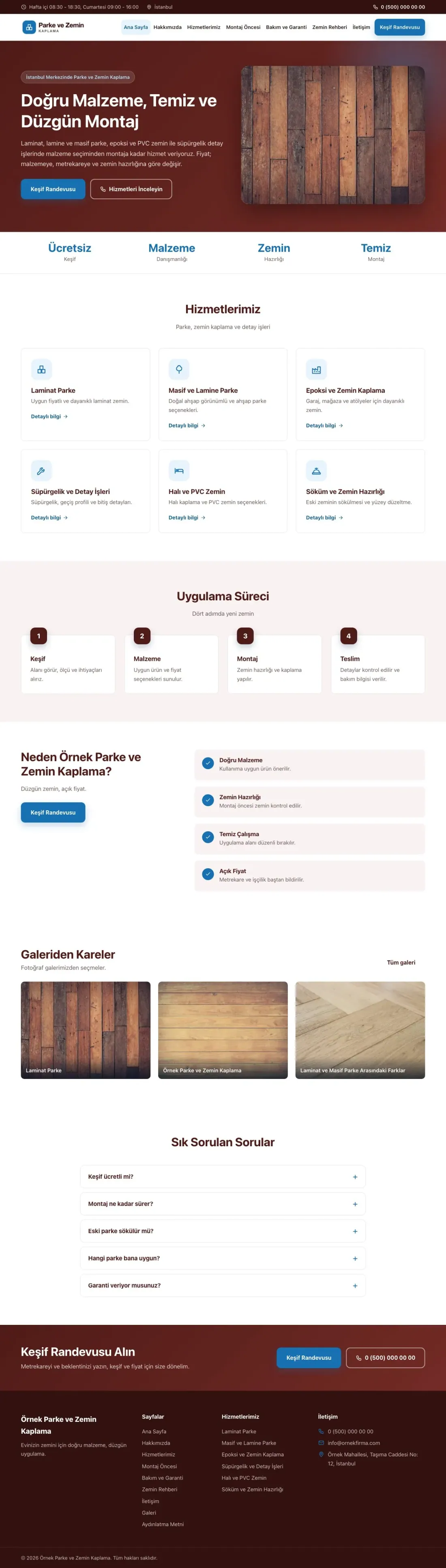 Parke ve Zemin Kaplama için Klasik Bordo Mavi – Parke ve Zemin Kaplama Web Sitesi ana sayfa görünümü
