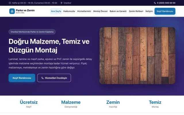 Parke ve Zemin Kaplama için Klasik Lacivert Mavi – Parke ve Zemin Kaplama Web Sitesi ana sayfa görünümü