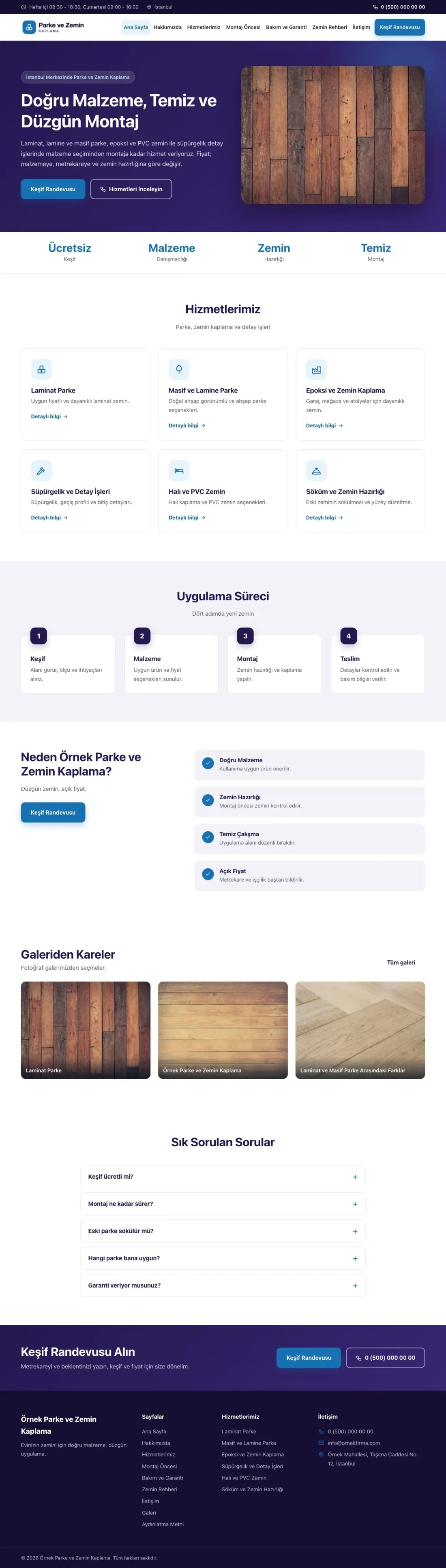 Parke ve Zemin Kaplama için Klasik Lacivert Mavi – Parke ve Zemin Kaplama Web Sitesi ana sayfa görünümü