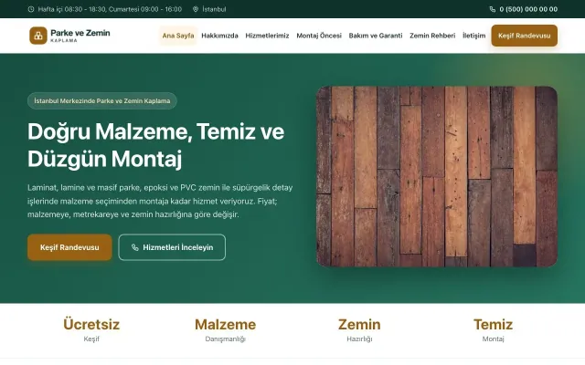 Parke ve Zemin Kaplama için Klasik Petrol Turuncu – Parke ve Zemin Kaplama Web Sitesi ana sayfa görünümü