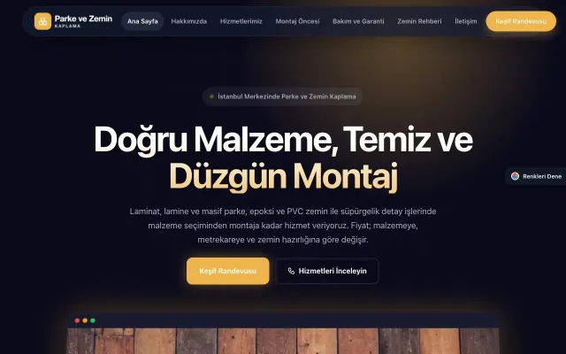 Parke ve Zemin Kaplama için Koyu Modern Lacivert Turuncu – Parke ve Zemin Kaplama Web Sitesi ana sayfa görünümü
