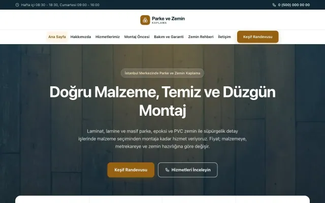 Parke ve Zemin Kaplama için Merkez Mavi Turuncu – Parke ve Zemin Kaplama Web Sitesi ana sayfa görünümü