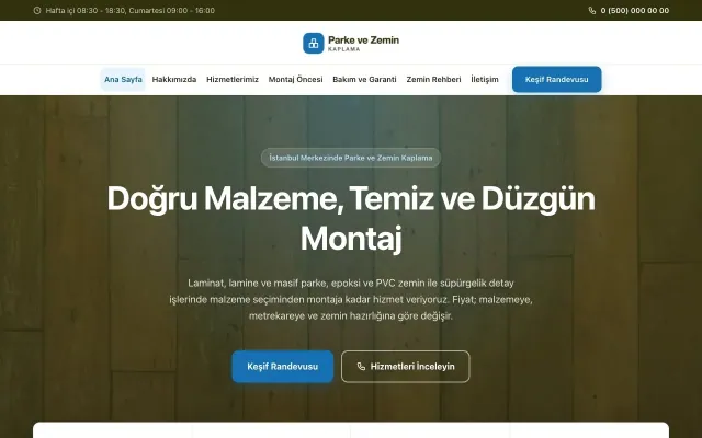 Parke ve Zemin Kaplama için Merkez Zeytin Mavi – Parke ve Zemin Kaplama Web Sitesi ana sayfa görünümü
